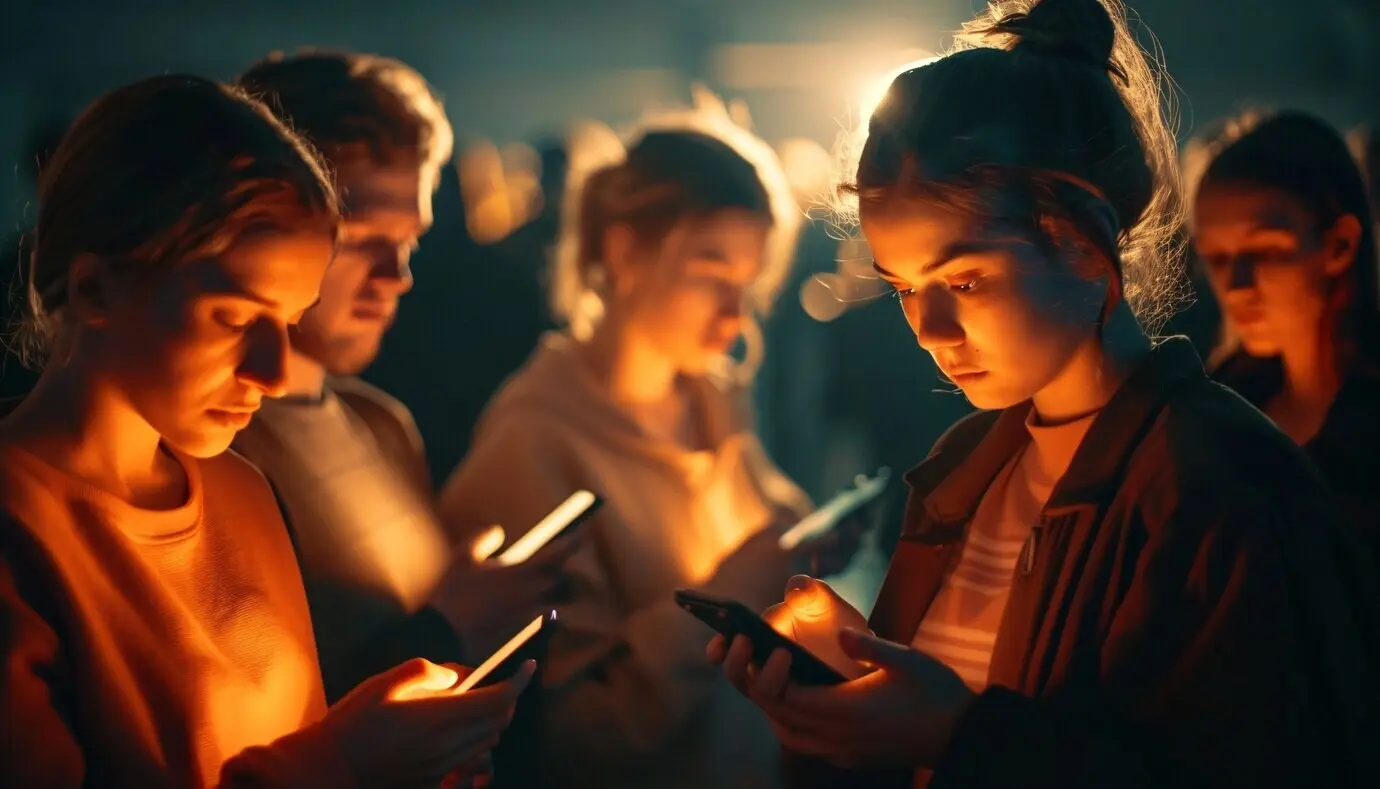 Personas diversas adictas a sus dispositivos inteligentes que se desplazan por sus pantallas y las miran.